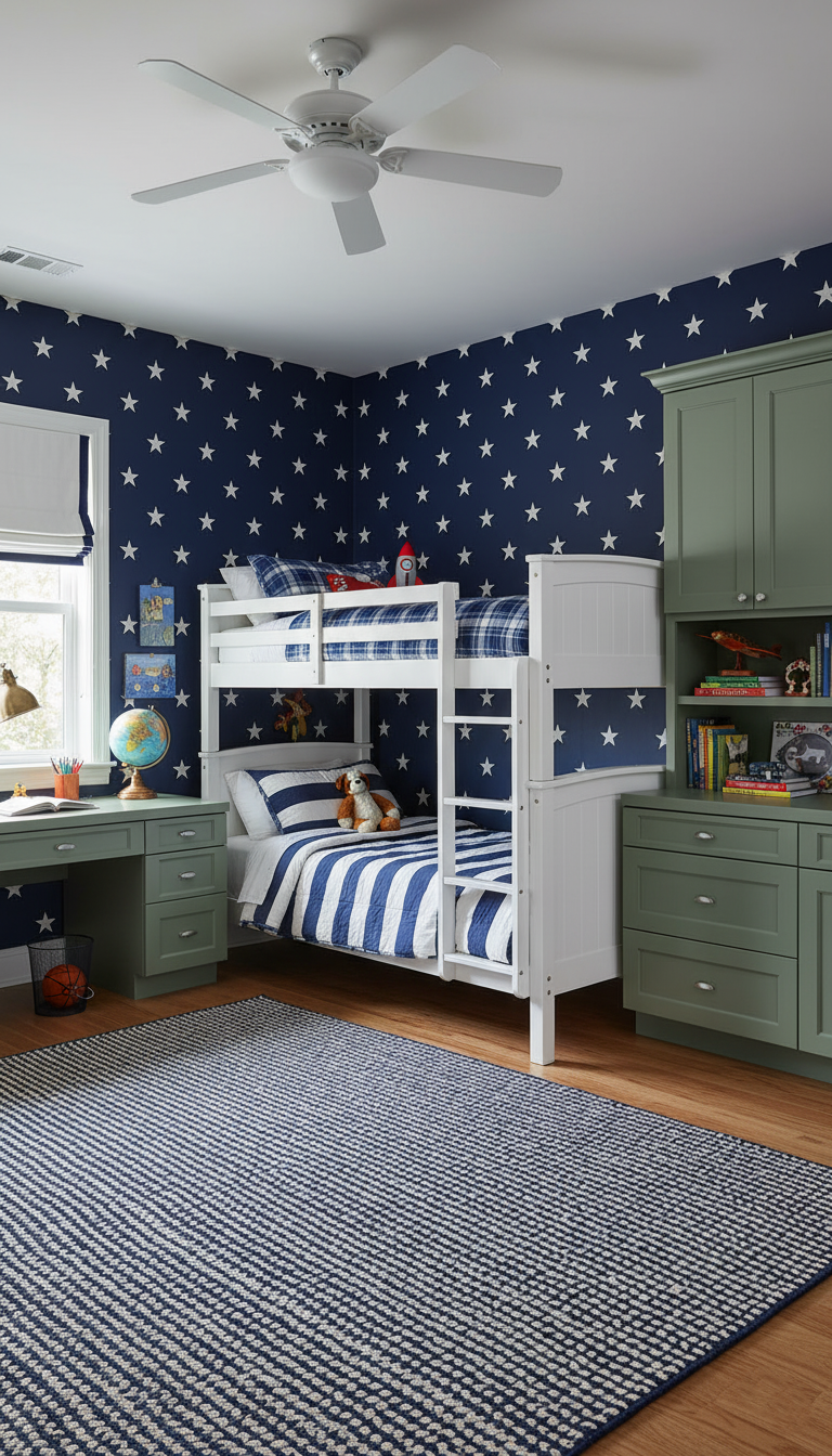 Serene bedroom with green cabinetry and elegant storage solutions